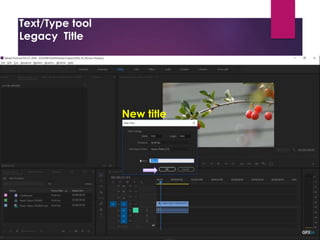 Text/Type tool
Legacy Title
Project Window
Source Window
Timeline Window
Program Window
Tool Bar
Tracks:
- Video Tracks
- Audio Tracks
Snap: - Remove gap between the
-Always on
Thumbnail: Video Head Thumbnail
Video Head and Tail Thu
Continuous Video Thum
Making:
Effect Control
Opacity
1. Create Ellipse mask
2. Creat 4 points polygon mask
3. Free drow bezier
Tool Bat (T)
1. Type tool (T)
2. Vertical Type Tool
Text
Adjustment
tools
Positioning
the text
OR
Click
Working
on tools
Controlling
Rolling
File
New
Legacy Title
New title
 