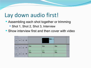 Lay down audio first! Assembling each shot together or trimming Shot 1, Shot 2, Shot 3, Interview Show interview first and then cover with video 