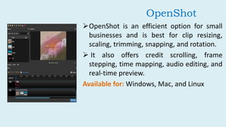 OpenShot is an efficient option for small
businesses and is best for clip resizing,
scaling, trimming, snapping, and rota...