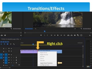 Transitions/Effects
Project Window
Source Window
Timeline Window
Program Window
Tool Bar
Tracks:
1. Video Tracks
2. Audio Tracks
Snap: - Remove gap between the video
-Always on
- Working as a magnet
Right click
 