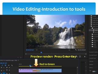 Video Editing-Introduction to tools
Project Window
Source Window
Timeline Window
Program Window
Tool Bar
Tracks:
- Video Tracks
- Audio Tracks
Snap: - Remove gap between the video
-Always on
Thumbnail: Video Head Thumbnail
Video Head and Tail Thumbnail
Continuous Video Thumbnail
1. Selection Tool: Select any clip on timeline
Move the clip
2. Selection tool: i) Track Select Forward (A)
ii) Track Select Backward (Shift + A)
- Select multiple tracks for move the clips
- For select single tracks-Press shift
Lind and Unlink: Audio and Video attachment/detachment
3. Ripple Edit Tool (B)
4. Rolling Edit Tool (N)
- Cutting videos without gap
- Easily matching thumbnail of
two respective videos
Preview render: Press Enter Key
Red to Green
 