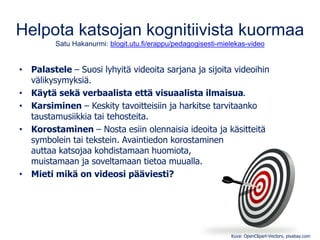 Helpota katsojan kognitiivista kuormaa
Satu Hakanurmi: blogit.utu.fi/erappu/pedagogisesti-mielekas-video
• Palastele – Suosi lyhyitä videoita sarjana ja sijoita videoihin
välikysymyksiä.
• Käytä sekä verbaalista että visuaalista ilmaisua.
• Karsiminen – Keskity tavoitteisiin ja harkitse tarvitaanko
taustamusiikkia tai tehosteita.
• Korostaminen – Nosta esiin olennaisia ideoita ja käsitteitä
symbolein tai tekstein. Avaintiedon korostaminen
auttaa katsojaa kohdistamaan huomiota,
muistamaan ja soveltamaan tietoa muualla.
• Mieti mikä on videosi pääviesti?
Kuva: OpenClipart-Vectors, pixabay.com
 