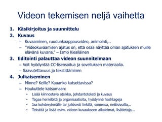 Videon tekemisen neljä vaihetta
1. Käsikirjoitus ja suunnittelu
2. Kuvaus
– Kuvaaminen, ruudunkaappausvideo, animointi,..
– ”Videokuvaamisen ajatus on, että osaa näyttää oman ajatuksen muille
elävänä kuvana.” – Ismo Kiesiläinen
3. Editointi palauttaa videon suunnitelmaan
– Voit hyödyntää CC-lisensoitua ja sovelluksen materiaalia.
– Saavutettavuus ja tekstittäminen
4. Julkaiseminen
– Minne? Keille? Kauanko katsottavissa?
– Houkuttele katsomaan:
• Lisää kiinnostava otsikko, johdantoteksti ja kuvaus
• Tagaa henkilöitä ja organisaatioita, hyödynnä hashtageja
• Jaa kohderyhmälle tai julkisesti linkillä, somessa, nettisivuilla,..
• Tekstitä ja lisää esim. videon kuvaukseen aikaleimat, lisätietoja,..
 