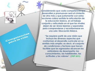 Considerando que cada competencia que
                    desarrollen o promuevan será el cimiento
                     de otra más y que justamente con estas
                   acciones cobra sentido la articulación de
                       la educación básica, en el trabajo
                   conjunto y articulado en el que los niveles
                     dejan de ser áreas lejanas y separadas
                     para comprenderse y reconformarse en
                           uno solo: Educación Básica.
               s
         n ci a        “Se requiere partir de una visión que
    pete vida           incluya los diversos aspectos que
 om a la
C ar                 conforman el desarrollo curricular en su
 p                  sentido más amplio; es decir, el conjunto
                      de condiciones y factores que hacen
                     factible que los egresados alcancen los
                          estándares de desempeño: los
                       conocimientos, las habilidades, las
                        actitudes y los valores”. (PEP 2011).
 