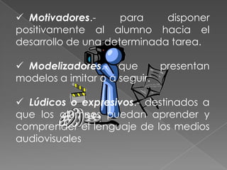Cognoscitivos.- pretender dar a conocer diferentes aspectos relacionados con el tema que están estudiando.  Motivadores.- para disponer positivamente al alumno hacia el desarrollo de una determinada tarea.