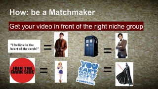 How: be a Matchmaker
Get your video in front of the right niche group

=
=

=
=

 