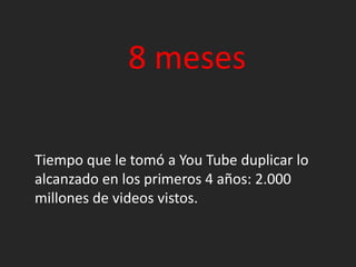 8 mesesTiempoque le tomó a You Tube duplicar lo alcanzado en los primeros 4 años: 2.000 millones de videos vistos.  