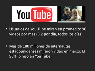 Usuarios de You Tube miran en promedio: 96 videos pormes (3.2 pordía, todos los días)Más de 180 millones de internautasestadounidensesmiraron video en marzo. El 96% lo hizo en You Tube.