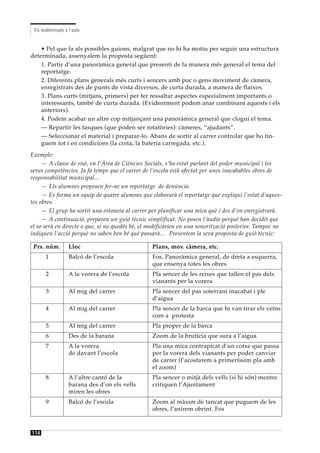 Els audiovisuals a l’aula


    • Pel que fa als possibles guions, malgrat que no hi ha motiu per seguir una estructura
determinada, assenyalem la proposta següent:
    1. Partir d’una panoràmica general que presenti de la manera més general el tema del
    reportatge.
    2. Diferents plans generals més curts i sencers amb poc o gens moviment de càmera,
    enregistrats des de punts de vista diversos, de curta durada, a manera de flaixos.
    3. Plans curts (mitjans, primers) per fer ressaltar aspectes especialment importants o
    interessants, també de curta durada. (Evidentment podem anar combinant aquests i els
    anteriors).
    4. Podem acabar un altre cop mitjançant una panoràmica general que clogui el tema.
    — Repartir les tasques (que poden ser rotatòries): càmeres, “ajudants”.
    — Seleccionar el material i preparar-lo. Abans de sortir al carrer controlar que ho tin-
    guem tot i en condicions (la cinta, la bateria carregada, etc.).
Exemple:
     — A classe de sisè, en l’Àrea de Ciències Socials, s’ha estat parlant del poder municipal i les
seves competències. Ja fa temps que el carrer de l’escola està afectat per unes inacabables obres de
responsabilitat municipal...
     — Els alumnes proposen fer-ne un reportatge de denúncia.
     — Es forma un equip de quatre alumnes que elaborarà el reportatge que expliqui l’estat d’aques-
tes obres.
     — El grup ha sortit una estoneta al carrer per planificar una mica què i des d’on enregistrarà.
     — A continuació, preparen un guió tècnic simplificat. No posen l’àudio perquè han decidit que
el so serà en directe o que, si no quedés bé, el modificarien en una sonorització posterior. Tampoc no
indiquen l’acció perquè no saben ben bé què passarà… Presentem la seva proposta de guió tècnic:

 Prs. núm.          Lloc                         Plans, mov. càmera, etc.
       1            Balcó de l’escola            Fos. Panoràmica general, de dreta a esquerra,
                                                 que ensenya totes les obres
       2            A la vorera de l’escola      Pla sencer de les reixes que tallen el pas dels
                                                 vianants per la vorera
       3            Al mig del carrer            Pla sencer del pas soterrani inacabat i ple
                                                 d’aigua
       4            Al mig del carrer            Pla sencer de la barca que hi van tirar els veïns
                                                 com a protesta
       5            Al mig del carrer            Pla proper de la barca
       6            Des de la barana             Zoom de la brutícia que sura a l’aigua
       7            A la vorera                  Pla una mica contrapicat d’un cotxe que passa
                    de davant l’escola           per la vorera dels vianants per poder canviar
                                                 de carrer (l’acostarem a primeríssim pla amb
                                                 el zoom)
       8            A l’altre cantó de la        Pla sencer o mitjà dels vells (si hi són) mentre
                    barana des d’on els vells    critiquen l’Ajuntament
                    miren les obres
       9            Balcó de l’escola            Zoom al màxim de tancat que puguem de les
                                                 obres, l’anirem obrint. Fos



114
 
