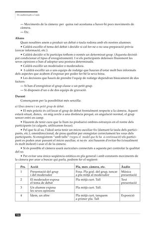 Els audiovisuals a l’aula


      — Moviments de la càmera: per quina raó acostuma a haver-hi pocs moviments de
      càmera.
      — Etc.

Abans
    Quan nosaltres anem a produir un debat o taula rodona amb els nostres alumnes:
    • Caldrà escollir el tema del debat i decidir si cal fer-ne o no una preparació prèvia
(cercar informació, etc.).
    • Caldrà decidir si hi participa tothom o només un determinat grup. (Aquesta decisió
pot condicionar el tipus d’enregistrament). I si els participants defensen lliurement les
seves opinions o han d’adoptar una postura determinada.
    • Caldrà escollir un moderador o moderadora.
    • I caldrà escollir un o uns equips de rodatge que hauran d’estar molt ben informats
dels aspectes que acabem d’exposar per poder fer bé la seva feina.
    • Les decisions que haurà de prendre l’equip de rodatge dependran bàsicament de dos
factors:
    — Si han d’enregistrar el grup-classe o un petit grup.
    — Si disposen d’un o de dos equips de gravació.

Durant
   Començarem per la possibilitat més senzilla:
a) Una càmera i un petit grup de debat.
    • El més pràctic és col·locar el grup de debat frontalment respecte a la càmera. Aquest
estarà situat, doncs, en mig cercle a una distància perquè, en angulació normal, el grup
sencer entri en camp.
    • Haurem de tenir cura que la llum no produeixi ombres estranyes en el rostre dels
participants (si calgués, utilitzarem focus).
    • Pel que fa al so, l’ideal seria tenir un micro auxiliar fix (damunt la taula dels partici-
pants, etc.), omnidireccional, de prou qualitat per enregistar correctament les veus dels
participants. Si enregistrem “amb talls” (vegeu el model que hi ha a continuació) els partici-
pant es poden anar passant el micro auxiliar, si no és així haurem d’evitar-ho (visualment
és molt molest) i usar el de la càmera.
    • Si és possible el càmera usarà auriculars connectats a aquesta per controlar la qualitat
del so.
    • Per evitar una única seqüència estàtica en pla general i amb constants moviments de
la càmera per anar a buscar qui parla, podrem fer el següent:

      Prs.     Acció                          Pla, mov. càmera, etc.             Àudio
      1        Presentació del grup           Fosa. Pla gral. del grup, tancar   Música
               i del moderador                a pla mitjà al moderador           presentació
      2        El moderador exposa            Pla mitjà curt. Tall               Text
               el tema de debat                                                  presentació
      3        Un alumne exposa               Pla mitjà curt. Tall.
               les seves opinions
      4        Ídem, un altre                 Pla mitjà curt, tanquem            Exposició
                                              a primer pla. Tall




106
 