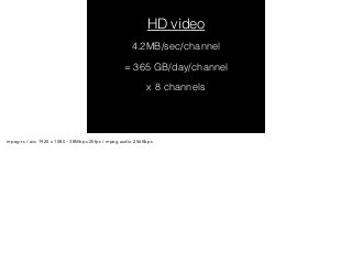 HD video 
4.2MB/sec/channel 
= 365 GB/day/channel 
x 8 channels 
mpeg-ts / avc 1920 x 1080 ~38Mbps 25fps / mpeg audio 256Kbps 
 
