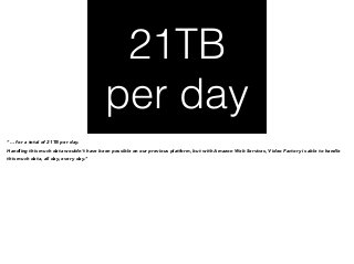 21TB 
per day 
“… for a total of 21TB per day. 
Handling this much data wouldn’t have been possible on our previous platform, but with Amazon Web Services, Video Factory is able to handle 
this much data, all day, every day.” 
 