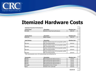 Itemized Hardware Costs
 Videofied Protection Kit (Hardware)
 Control Panel                       Description                               Member Cost
 XTO 600                             Extreme Temp Panel w/Enclosure              $682.50


 Arming Device                      Description                                Member Cost
 CMA 601                            Alpha Keypad                                 $162.75

 Input Devices                      Description                                Member Cost
                                    Outdoor Motionviewer #1 (compatible w/MB
 DCV 651                            601 mounting bracket)                        $374.47
                                    Outdoor Motionviewer #2 (compatible w/MB
 DCV 651                            601 mounting bracket)                        $374.47
                                    Outdoor Motionviewer #3 (compatible w/MB
 DCV 651                            601 mounting bracket)                        $374.47
                                    Outdoor Motionviewer #4 (compatible w/MB
 DCV 651                            601 mounting bracket)                        $374.47
 *CRC recommends a min. of 4 motionviewers per protection kit.

 Accessories                        Description                                Member Cost
 MB 601                             Mounting Bracket Motionviewer 1              $14.65
 MB 601                             Mounting Bracket Motionviewer 2              $14.65
 MB 601                             Mounting Bracket Motionviewer 3              $14.65
 MB 601                             Mounting Bracket Motionviewer 4              $14.65
 XT Install                         Installation Kit for XT Panel                $63.00
 SE651                              Outdoor Siren w/Strobe                       $160.65

                                                                                $2,625.38
 