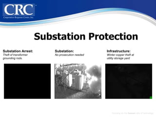 Substation Protection
Substation Arrest:         Substation:             Infrastructure:
Theft of transformer       No prosecution needed   Winter copper theft at
grounding rods.                                    utility storage yard




                                                       Focusing on the human side of technology
 