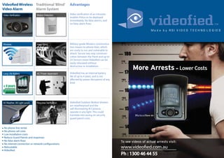 Videofied Wireless Traditional ‘Blind’                  Advantages
Video Alarm        Alarm System
Video Verification              Motion Detection        Video verification of an intrusion
                                                        enables Police to be deployed
                                                        immediately. No false alarms, and
                                                        no false alarm fines.

                                                                                                                  Ma d e b y RSI V ID E O T E C H NO L O G IE S



Wireless                        Hard Wired              Military-grade Wireless communica-
                                                        tion means no phone lines, which
                                                        are costly to run and vulnerable to
                                                        attack. Secure two-way communi-
                                                        cation between the Panel and up to
                                                        24 Sensors mean Videofied can be
                                                        easily relocated without
                                                        destructive re-installation.

Long Life Battery               AC Power dependant      Videofied has an internal battery
                                                        life of up to 4 years, and is not
                                                        affected by power disruptons of any
                                                        kind.
< 4 years




All Weather, All Light Levels   Requires Verification   Videofied Outdoor Motion Viewers
                                                        are weatherproof and the
                                                                                                                            Cam e ra
                                                        self-illuminating IR Cameras
                                                        operate in any light. This could
                                                        translate into saving on security           Mo ti o nView e r
                                                        guard patrol costs.


 No phone line rental
 No phone call costs
 Low installation costs
 Reduce Guard Patrols and responses
 No false alarm fines
 No internet connection or network configurations.
 Relocatable
 Videofied.
                                                                                              Ph : 1300 46 44 55
 
