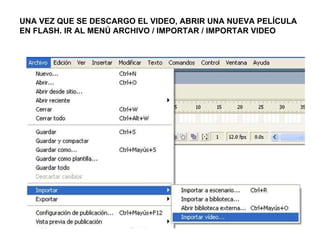 UNA VEZ QUE SE DESCARGO EL VIDEO, ABRIR UNA NUEVA PELÍCULA EN FLASH. IR AL MENÚ ARCHIVO / IMPORTAR / IMPORTAR VIDEO
