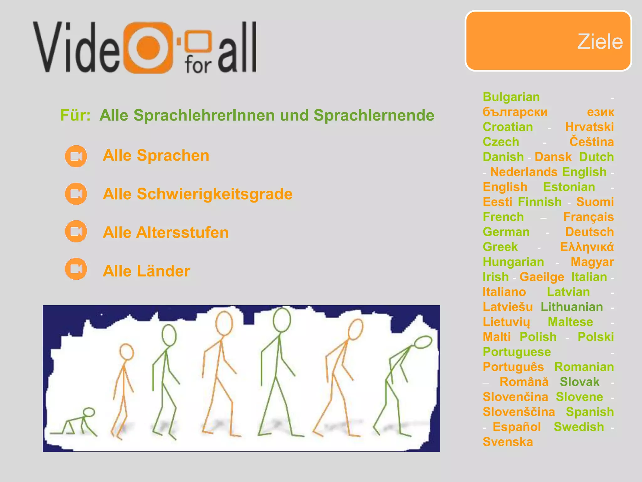 Ziele
Für: Alle SprachlehrerInnen und Sprachlernende
Alle Sprachen
Alle Schwierigkeitsgrade
Alle Altersstufen
Alle Länder
Bulgarian -
български език
Croatian - Hrvatski
Czech - Čeština
Danish - Dansk Dutch
- Nederlands English -
English Estonian -
Eesti Finnish - Suomi
French – Français
German - Deutsch
Greek - Ελληνικά
Hungarian - Magyar
Irish - Gaeilge Italian -
Italiano Latvian -
Latviešu Lithuanian -
Lietuvių Maltese -
Malti Polish - Polski
Portuguese -
Português Romanian
– Română Slovak -
Slovenčina Slovene -
Slovenščina Spanish
- Español Swedish -
Svenska
 