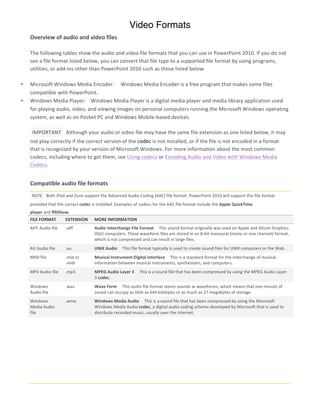 Video Formats
    Overview	
  of	
  audio	
  and	
  video	
  files	
  
    	
  
    The	
  following	
  tables	
  show	
  the	
  audio	
  and	
  video	
  file	
  formats	
  that	
  you	
  can	
  use	
  in	
  PowerPoint	
  2010.	
  If	
  you	
  do	
  not	
  
    see	
  a	
  file	
  format	
  listed	
  below,	
  you	
  can	
  convert	
  that	
  file	
  type	
  to	
  a	
  supported	
  file	
  format	
  by	
  using	
  programs,	
  
    utilities,	
  or	
  add-­‐ins	
  other	
  than	
  PowerPoint	
  2010	
  such	
  as	
  those	
  listed	
  below.	
  

•   Microsoft	
  Windows	
  Media	
  Encoder:	
  	
  	
  	
  	
  Windows	
  Media	
  Encoder	
  is	
  a	
  free	
  program	
  that	
  makes	
  some	
  files	
  
    compatible	
  with	
  PowerPoint.	
  	
  	
  
•   Windows	
  Media	
  Player:	
  	
  	
  	
  Windows	
  Media	
  Player	
  is	
  a	
  digital	
  media	
  player	
  and	
  media	
  library	
  application	
  used	
  
    for	
  playing	
  audio,	
  video,	
  and	
  viewing	
  images	
  on	
  personal	
  computers	
  running	
  the	
  Microsoft	
  Windows	
  operating	
  
    system,	
  as	
  well	
  as	
  on	
  Pocket	
  PC	
  and	
  Windows	
  Mobile-­‐based	
  devices.	
  

      	
  IMPORTANT	
   	
  	
  Although	
  your	
  audio	
  or	
  video	
  file	
  may	
  have	
  the	
  same	
  file	
  extension	
  as	
  one	
  listed	
  below,	
  it	
  may	
  
    not	
  play	
  correctly	
  if	
  the	
  correct	
  version	
  of	
  the	
  codec	
  is	
  not	
  installed,	
  or	
  if	
  the	
  file	
  is	
  not	
  encoded	
  in	
  a	
  format	
  
    that	
  is	
  recognized	
  by	
  your	
  version	
  of	
  Microsoft	
  Windows.	
  For	
  more	
  information	
  about	
  the	
  most	
  common	
  
    codecs,	
  including	
  where	
  to	
  get	
  them,	
  see	
  Using	
  codecs	
  or	
  Encoding	
  Audio	
  and	
  Video	
  with	
  Windows	
  Media	
  
    Codecs.	
  
    	
  
    Compatible	
  audio	
  file	
  formats	
  
      	
  NOTE	
   	
  	
  Both	
  iPod	
  and	
  Zune	
  support	
  the	
  Advanced	
  Audio	
  Coding	
  (AAC)	
  file	
  format.	
  PowerPoint	
  2010	
  will	
  support	
  this	
  file	
  format	
  
    provided	
  that	
  the	
  correct	
  codec	
  is	
  installed.	
  Examples	
  of	
  codecs	
  for	
  the	
  AAC	
  file	
  format	
  include	
  the	
  Apple	
  QuickTime	
  
    player	
  and	
  ffDShow.	
  
    FILE	
  FORMAT	
             EXTENSION	
            MORE	
  INFORMATION	
  
    AIFF	
  Audio	
  file	
      .aiff	
                Audio	
  Interchange	
  File	
  Format	
  	
  	
  	
  	
  This	
  sound	
  format	
  originally	
  was	
  used	
  on	
  Apple	
  and	
  Silicon	
  Graphics	
  
                                                        (SGI)	
  computers.	
  These	
  waveform	
  files	
  are	
  stored	
  in	
  an	
  8-­‐bit	
  monaural	
  (mono	
  or	
  one	
  channel)	
  format,	
  
                                                        which	
  is	
  not	
  compressed	
  and	
  can	
  result	
  in	
  large	
  files.	
  
    AU	
  Audio	
  file	
        .au	
                  UNIX	
  Audio	
  	
  	
  	
  	
  This	
  file	
  format	
  typically	
  is	
  used	
  to	
  create	
  sound	
  files	
  for	
  UNIX	
  computers	
  or	
  the	
  Web.	
  
    MIDI	
  file	
               .mid	
  or	
           Musical	
  Instrument	
  Digital	
  Interface	
  	
  	
  	
  	
  This	
  is	
  a	
  standard	
  format	
  for	
  the	
  interchange	
  of	
  musical	
  
                                 .midi	
                information	
  between	
  musical	
  instruments,	
  synthesizers,	
  and	
  computers.	
  
    MP3	
  Audio	
  file	
       .mp3	
                 MPEG	
  Audio	
  Layer	
  3	
  	
  	
  	
  	
  This	
  is	
  a	
  sound	
  file	
  that	
  has	
  been	
  compressed	
  by	
  using	
  the	
  MPEG	
  Audio	
  Layer	
  
                                                        3	
  codec.	
  
    Windows	
                    .wav	
                 Wave	
  Form	
  	
  	
  	
  	
  This	
  audio	
  file	
  format	
  stores	
  sounds	
  as	
  waveforms,	
  which	
  means	
  that	
  one	
  minute	
  of	
  
    Audio	
  file	
                                     sound	
  can	
  occupy	
  as	
  little	
  as	
  644	
  kilobytes	
  or	
  as	
  much	
  as	
  27	
  megabytes	
  of	
  storage.	
  
    Windows	
                    .wma	
                 Windows	
  Media	
  Audio	
  	
  	
  	
  	
  This	
  is	
  a	
  sound	
  file	
  that	
  has	
  been	
  compressed	
  by	
  using	
  the	
  Microsoft	
  
    Media	
  Audio	
                                    Windows	
  Media	
  Audio	
  codec,	
  a	
  digital	
  audio	
  coding	
  scheme	
  developed	
  by	
  Microsoft	
  that	
  is	
  used	
  to	
  
    file	
                                              distribute	
  recorded	
  music,	
  usually	
  over	
  the	
  Internet.	
  




    	
  
    	
  
 