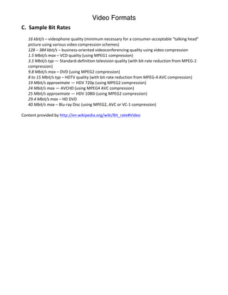 Video Formats
C.	
  	
  Sample	
  Bit	
  Rates	
  
       16	
  kbit/s	
  –	
  videophone	
  quality	
  (minimum	
  necessary	
  for	
  a	
  consumer-­‐acceptable	
  “talking	
  head”	
  
       picture	
  using	
  various	
  video	
  compression	
  schemes)	
  
       128	
  –	
  384	
  kbit/s	
  –	
  business-­‐oriented	
  videoconferencing	
  quality	
  using	
  video	
  compression	
  
       1.5	
  Mbit/s	
  max	
  –	
  VCD	
  quality	
  (using	
  MPEG1	
  compression)	
  	
  
       3.5	
  Mbit/s	
  typ	
  —	
  Standard-­‐definition	
  television	
  quality	
  (with	
  bit-­‐rate	
  reduction	
  from	
  MPEG-­‐2	
  
       compression)	
  
       9.8	
  Mbit/s	
  max	
  –	
  DVD	
  (using	
  MPEG2	
  compression)	
  
       8	
  to	
  15	
  Mbit/s	
  typ	
  –	
  HDTV	
  quality	
  (with	
  bit-­‐rate	
  reduction	
  from	
  MPEG-­‐4	
  AVC	
  compression)	
  
       19	
  Mbit/s	
  approximate	
  —	
  HDV	
  720p	
  (using	
  MPEG2	
  compression)	
  
       24	
  Mbit/s	
  max	
  —	
  AVCHD	
  (using	
  MPEG4	
  AVC	
  compression)	
  
       25	
  Mbit/s	
  approximate	
  —	
  HDV	
  1080i	
  (using	
  MPEG2	
  compression)	
  
       29.4	
  Mbit/s	
  max	
  –	
  HD	
  DVD	
  
       40	
  Mbit/s	
  max	
  –	
  Blu-­‐ray	
  Disc	
  (using	
  MPEG2,	
  AVC	
  or	
  VC-­‐1	
  compression)	
  

Content	
  provided	
  by	
  http://en.wikipedia.org/wiki/Bit_rate#Video	
  

       	
  
	
                                          	
  
 