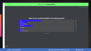 You need to make a game wrong at least
two or three times before you find the right
path.
Ken Wong
Vote: meet.ps/dats Donate: devaroundthesun.org @heathriel
 