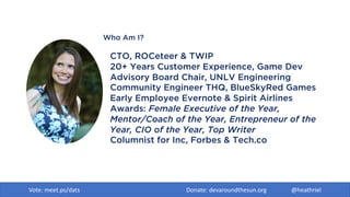 Who Am I?
CTO, ROCeteer & TWIP
20+ Years Customer Experience, Game Dev
Advisory Board Chair, UNLV Engineering
Community Engineer THQ, BlueSkyRed Games
Early Employee Evernote & Spirit Airlines
Awards: Female Executive of the Year,
Mentor/Coach of the Year, Entrepreneur of the
Year, CIO of the Year, Top Writer
Columnist for Inc, Forbes & Tech.co
Vote: meet.ps/dats Donate: devaroundthesun.org @heathriel
 