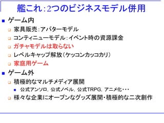 艦これ：2つのビジネスモデル併用
 ゲーム内
 家具販売：アバターモデル
 コンティニューモデル：イベント時の資源課金
 ガチャモデルは取らない
 レベルキャップ解放（ケッコンカッコカリ）
 家庭用ゲーム
 ゲーム外
 積極的なマルチメディア展開
 公式アンソロ，公式ノベル，公式TRPG，アニメ化・・・
 様々な企業にオープンなグッズ展開・積極的な二次創作
 