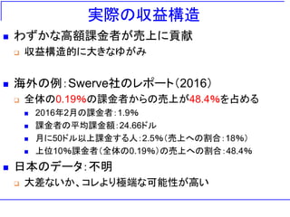 実際の収益構造
 わずかな高額課金者が売上に貢献
 収益構造的に大きなゆがみ
 海外の例：Swerve社のレポート（2016）
 全体の0.19％の課金者からの売上が48.4％を占める
 2016年2月の課金者：1.9％
 課金者の平均課金額：24.66ドル
 月に50ドル以上課金する人：2.5％（売上への割合：18％）
 上位10％課金者（全体の0.19％）の売上への割合：48.4％
 日本のデータ：不明
 大差ないか、コレより極端な可能性が高い
 
