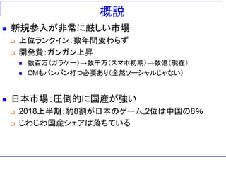 概説
 新規参入が非常に厳しい市場
 上位ランクイン：数年間変わらず
 開発費：ガンガン上昇
 数百万（ガラケー）→数千万（スマホ初期）→数億（現在）
 CMもバンバン打つ必要あり（全然ソーシャルじゃない）
 日本市場：圧倒的に国産が強い
 2018上半期：約8割が日本のゲーム,2位は中国の8％
 じわじわ国産シェアは落ちている
 