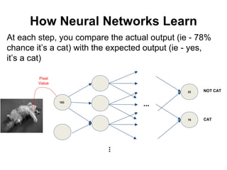 How Neural Networks Learn
At each step, you compare the actual output (ie - 78%
chance it’s a cat) with the expected output (ie - yes,
it’s a cat)
......
NOT CAT
CAT
Pixel
Value
183
22
78
 