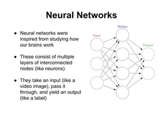 Neural Networks
● Neural networks were
inspired from studying how
our brains work
● These consist of multiple
layers of interconnected
nodes (like neurons)
● They take an input (like a
video image), pass it
through, and yield an output
(like a label)
 