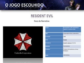 RESIDENT EVIL
 Foco da Narrativa

             Slogan       Our business is life itself (Nosso
                          negócio é a própria vida)


             Tipo         Corporação Fictícia; Laboratório.

             Fundação     1960

             Sede         Europa

             Presidente   Ozwell E. Spencer (morto)

             Indústria    Farmacêutica

             Produtos     Produtos farmacêuticos, Armas
                          Biológicas.


             Lucro        U$40 Bilhões
 