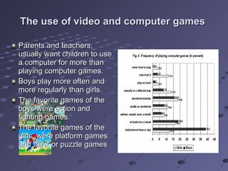 Parents and teachers, usually want children to use a computer for more than playing computer games.  Boys play more often and more regularly than girls. The favorite games of the boys were action and fighting games. The favorite games of the girls, were platform games and think or puzzle games  The use of video and computer games  