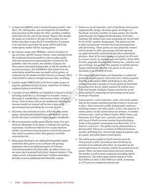 358	 PwC | Global entertainment and media outlook: 2012–2016
•	 A major new MMOG with a similar business model—Star
Wars: The Old Republic, was developed by EA’s BioWare
and launched on December 20, 2011, reaching 1 million
subscribers by the end of the month. Players who bought
the game are entitled to 30 days of free online service
before they have to pay the $15 monthly fee. It remains
to be seen how successful the game will be and if the
subscription model still has staying power.
•	 By contrast, many other MMOGs—such as EverQuest II,
Age of Conan, and DC Universe Online—have switched from
the traditional business model to a free-to-play model,
with microtransactions generating the revenues for the
publisher. After the switch, the number of players for
these games increased dramatically, as did the number of
microtransactions. Not all MMOGs that switch from the
subscription model become successful as free games, as
evidenced by the demise of LEGO Universe in January 2012,
which failed to achieve enough revenues after switching.
•	 Another major MMOG title is the free-to-play League of
Legends, published by Riot Games, which has 30 million
registered players worldwide.
•	 A number of new MMOGs are scheduled to launch in 2012,
including Guild Wars 2, developed by ArenaNet; Sony’s
Planetside 2; and BioWare’s Warhammer Online: Wrath of
Heroes. None of these will use the traditional subscription
business model but instead will be free to play, with
microtransactions providing the revenue stream.
•	 Electronic Arts introduced a line of free-to-play online
games, including Battlefield Heroes and Need for Speed
World, that have reached 25 million players worldwide.
•	 Microtransactions enable gamers to buy items that give
them an advantage in the game or enhance the gaming
experience. Combined with the free-to-play business
model, microtransactions let gamers control the amount
they spend on games rather than paying a monthly
subscription fee.
•	 Many game developers are adding downloadable digital
content for their games so as to enhance the gaming
experience and as an additional source of revenues.
Activision launched Call of Duty Elite, an online service, on
the same day it launched Call of Duty: Modern Warfare 3. The
online service, which has more than 7 million subscribers,
provides access to additional downloadable content.
•	 Games on social networks, such as Facebook, have grown
exponentially. Zynga, the major game developer on
Facebook, has had a number of major games. Its CityVille
game became the biggest Facebook game of all time,
reaching 100 million users and surpassing the record held
by FarmVille, another Zynga game. The games are free
to play and generate revenues from microtransactions
and advertising. These games are also played by women
and by people in older age-groups, thereby opening
up opportunities for advertisers and other commercial
partners. Most of the social games are played on PCs and,
to a lesser extent, on smartphones and tablets. Words With
Friends, originally developed by Newtoy Inc., which is now
part of Zynga, has proved very popular on mobile devices.
Zynga continues to develop new games in the series,
including Scramble With Friends.
•	 The major game developers are beginning to realize the
potential of social games. Electronic Arts, which acquired
Playfish in November 2009 and PopCap in July 2011,
recently released a number of social games on Facebook,
including Sims Social, which reached 30 million users
in its first month. Similarly, Disney entered the social
game market by acquiring second-leading social game
developer Playdom.
•	 Casual games—such as puzzles, cards, and arcade games
that do not require extended periods of time to learn and
to play—have attracted a wider demographic audience,
including women and older adults. In fact, the majority of
online gamers in the United States are women. A number
of online sites—such as Yahoo! Games, MSN’s Zone, and
Electronic Arts’ Pogo.com—provide some free games,
with most of their revenues coming from advertising.
Some of the popular casual games are Bejeweled, Tetris,
Solitaire, and Luxor. The games can be played online or
downloaded. There are a number of different business
models, including free, advertising-supported games; pay
per game; and subscription-based games.
•	 The online game market in North America grew by
10.6 percent in 2011. Growth has been driven by an
increase in broadband subscribers, by transition to the
current generation of consoles, and by the growth of social
games. There are more subscription services entering
the market as well as more companies providing digital
distribution. The online game market will grow from
$2.6 billion in 2011 to $3.9 billion in 2016, increasing
at a 9.0 percent compound annual rate.
Fo
r
Pr
ess
U
se
o
n
ly
 