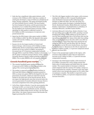 Video games | EMEA	 367
•	 Italy also has a significant video game industry, with
revenues of $1.4 billion in 2011. Italy has a number of
small game developers, many of which are subsidiaries of
larger, foreign companies. The games developed locally
are often football (soccer) related. The local market
has been hampered by piracy, and the government has
promised to try to combat the problem because Italy
has the highest rate of pirated games in Europe. Italian
spending on video games is expected to grow to
$1.9 billion in 2016, increasing at a 6.2 percent com-
pound annual rate.
•	 Spain has the fifth-largest video game market in EMEA,
at $1.2 billion in 2011. By 2016, the Spanish video game
market will total $1.5 billion, a 4.6 percent compound
annual increase.
•	 Russia is by far the largest market in Central and
Eastern Europe, with revenues of $1.4 billion in 2011.
Additionally, Russia is projected to exhibit the highest
growth rate of any country in EMEA, increasing at
an annual rate of 11.0 percent compounded annually
through 2016 to reach $2.3 billion. Similar to Germany,
the PC game is relatively strong in Russia. In fact, outside
Germany, Russia is Steam’s largest-growing territory in
EMEA. Free-to-play MMOGs are very popular in Russia.
Console/handheld game market
•	 The console/handheld game market decreased by
3.5 percent to $9.5 billion in 2011, due partially to the
aging of the current generation of consoles.
•	 The market is expected to exhibit modest declines in
2012 and 2013 before returning to positive growth in
2014, as many new games will be developed for the next
generation of consoles, which are expected to hit the
market in the latter part of the forecast period. We do
not expect the high growth rates that occurred when the
current generation of consoles debuted, because there is
increased competition from other gaming platforms.
•	 Call of Duty: Modern Warfare 3 was the most popular title
in Europe in 2011, as it was in the US and worldwide.
The game broke several worldwide records, including
reaching the billion-dollar level in 16 days, one day faster
than Avatar, the James Cameron movie that became the
biggest-grossing film of all time.
•	 The UK is the biggest market in the region, with revenues
totaling $2.2 billion in 2011. Console/handheld game
sales declined 6.9 percent in 2011 following larger
declines in 2009 and 2010. The UK is the home of a
number of major game developers, including Rockstar
North, Rocksteady Studios, Media Molecule, Lionhead
Studios, Codemasters, FreeStyleGames (a subsidiary of
Activision Blizzard), and Blitz Games Studios.
•	 Activision Blizzard’s Call of Duty: Modern Warfare 3 was
the top-selling game in the UK in 2011, grossing a record-
breaking £83 million ($133 million) in its first week. It
was the third year in a row that a Call of Duty title was the
top-selling game in the UK. Some of the other best-selling
titles across all platforms in the UK in 2011 were FIFA 12
and Battlefield 3. Those three titles were among the top
sellers on both the PS3 and the Xbox 360. By contrast,
the top sellers on the Wii were Zumba Fitness, Just Dance
3, and Just Dance 2. Revenues in the UK are expected to
reach $2.3 billion in 2016, a 1.4 percent compound annual
growth rate from 2011.
•	 France is the second major market in the region, with
revenues of $2.0 billion in 2011 that are expected to
increase to $2.1 billion in 2016, a 1.3 percent increase
compounded annually.
•	 Germany is the third-largest market, with revenues of
$1.6 billion. Germany has a strict ratings system that
limits sales of violent games and holds down the console
market. The console market in Germany is relatively
small compared with the country’s PC market, owing to a
lower penetration by consoles. Germany is the only major
market where more people play games on PCs rather than
on stationary consoles. The market is expected to grow
to $1.8 billion in 2016, a 2.3 percent compound annual
increase from 2011.
Fo
r
Pr
ess
U
se
o
n
ly
 