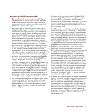 Video games | Asia Pacific	 383
Console/handheld game market
•	 The console/handheld market is dominated by Japan,
which controlled 45 percent of the market in 2011. The
13.4 percent decline in Japan in 2011 more than offset
increases in most other countries, resulting in an overall
decline of 6.3 percent in the region.
•	 Mario Kart 7 was the top-selling game in Japan in 2011,
selling 1.1 million copies. It was followed by Super Mario
3D with 1.0 million copies. Those two games, which were
launched in the last two months of the year, helped drive
sales of the 3DS, which became the top-selling device in
Japan, selling 4.1 million units in 2011. The two titles are
wildly popular worldwide, whereas the Monster Hunter
series, which is very popular in Japan, has not achieved
the same success in the West. Monster Hunter Portable 3rd,
which launched in December 2010 and sold 1.0 million
units in 2011, for a total of 4.5 million units since its launch,
helped drive sales of the PSP, which sold 2.0 million units
in 2011. Another in the popular Monster Hunter series,
Monster Hunter 3G for the 3DS was the fourth-top-selling
title in 2011. In Japan, the market is driven by updated
versions of popular games that continue to entice gamers.
•	 It remains to be seen how well games for the PSP Vita will
fare in the market, because sales of the handheld device
dropped sharply after its launch in December.
•	 Overall, it was a weak year for console/handheld games in
Japan because of the lack of high-demand titles, with only
three titles reaching the million-unit level. By contrast, in
2010, seven titles reached that level, including top sellers
Pokémon Black Version and Pokémon White Version, which
sold 4.7 million copies, and Monster Hunter Portable 3rd,
which sold 3.2 million copies. Activision Blizzard’s Call of
Duty: Modern Warfare 3, the most popular game in Europe
and the US, was not among the top 10 games in Japan.
•	 The top 10 titles included three Wii-exclusive titles: Minna
no Rhythm Tengoku, Wii Party, and Wii Sports Resort as
well as one PS3 exclusive, Tales of Xillia. There were no
exclusive Xbox 360 titles among the best-selling titles—
further evidence of the poor reception the console has
received in Japan.
•	 We expect further declines in Japan in 2012 and 2013
due to the aging of the consoles and migration to other
platforms before a turnaround in 2013 through the
remainder of the forecast period, when games for the new
consoles are expected to reach the market. Overall, we
project a modest, 1.1 percent compound annual increase
to $3.6 billion in 2016.
•	 South Korea is the second-largest console/handheld game
market in the region, at $2.1 billion, up 2.2 percent from
2010. Japan and South Korea together constituted almost
three-quarters of the console/handheld game market in
2011. Government investment in the industry should help
local development of games, which in turn should lead to
new titles that will stimulate the market. South Korea will
have faster growth during the next five years, averaging
3.6 percent compounded annually to $2.5 billion in 2016
as games for the new consoles gain market traction.
•	 In Australia, console/handheld games declined for the
second year in a row, decreasing by 6.7 percent to
$929 million. After years of debate, it seems that Australia
is inching closer to establishing an R18+ classification
rating for interactive entertainment. An in-principle
agreement was reached between the federal and state
governments in July 2011, but final implementation has
not been completed yet. The previous maximum age
classification was MA15+, which prevented some games
from being distributed in the country. Support for the
classification comes both from adults who want the right
to play games that appeal to them and from parents who
want clear guidelines for their children. Australia is the
only major country without an adult classification for
games. We expect the market to turn around in 2014,
reaching $991 million by 2016, a 1.3 percent compound
annual growth rate from 2011.
•	 In general, we expect the aging of the current generation of
consoles to continue having a negative effect on the market.
When the next-generation Sony and Microsoft static con-
soles are introduced (expected in the latter part of the
forecast period), we project a modest growth in sales. The
growth will not mirror the huge expansion that resulted
when the current consoles were introduced, because there
are many competing platforms for gamers. Spending is
projected to expand at a 2.5 percent compound annual rate
during the next five years from $7.7 billion in 2011 to
$8.7 billion in 2016.
Fo
r
Pr
ess
U
se
o
n
ly
 
