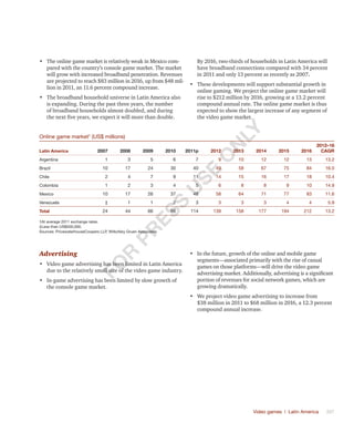 Video games | Latin America	 397
•	 The online game market is relatively weak in Mexico com-
pared with the country’s console game market. The market
will grow with increased broadband penetration. Revenues
are projected to reach $83 million in 2016, up from $48 mil-
lion in 2011, an 11.6 percent compound increase.
•	 The broadband household universe in Latin America also
is expanding. During the past three years, the number
of broadband households almost doubled, and during
the next five years, we expect it will more than double.
By 2016, two-thirds of households in Latin America will
have broadband connections compared with 34 percent
in 2011 and only 13 percent as recently as 2007.
•	 These developments will support substantial growth in
online gaming. We project the online game market will
rise to $212 million by 2016, growing at a 13.2 percent
compound annual rate. The online game market is thus
expected to show the largest increase of any segment of
the video game market.
Online game market†
(US$ millions)
Latin America 2007 2008 2009 2010 2011p 2012 2013 2014 2015 2016
2012–16
CAGR
Argentina 1 3 5 6 7 9 10 12 12 13 13.2
Brazil 10 17 24 30 40 49 58 67 75 84 16.0
Chile 2 4 7 9 11 14 15 16 17 18 10.4
Colombia 1 2 3 4 5 6 8 8 9 10 14.9
Mexico 10 17 26 37 48 58 64 71 77 83 11.6
Venezuela ‡ 1 1 2 3 3 3 3 4 4 5.9
Total 24 44 66 88 114 139 158 177 194 212 13.2
†At average 2011 exchange rates.
‡Less than US$500,000.
Sources: PricewaterhouseCoopers LLP, Wilkofsky Gruen Associates
Advertising
•	 Video game advertising has been limited in Latin America
due to the relatively small size of the video game industry.
•	 In-game advertising has been limited by slow growth of
the console game market.
•	 In the future, growth of the online and mobile game
segments—associated primarily with the rise of casual
games on those platforms—will drive the video game
advertising market. Additionally, advertising is a significant
portion of revenues for social network games, which are
growing dramatically.
•	 We project video game advertising to increase from
$38 million in 2011 to $68 million in 2016, a 12.3 percent
compound annual increase.
Fo
r
Pr
ess
U
se
o
n
ly
 