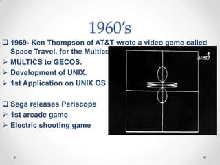 1960’s
 1969- Ken Thompson of AT&T wrote a video game called
Space Travel, for the Multics O.S
 MULTICS to GECOS.
 Development of UNIX.
 1st Application on UNIX OS
 Sega releases Periscope
 1st arcade game
 Electric shooting game

 