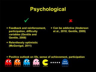 Psychological

Feedback and reinforcement,
participation, difficulty
variables (Gentile and
Gentile, 2008)
Relentlessly optimistic
(McGonigal, 2011)

Can be addictive (Anderson
et al., 2010; Gentile, 2009)
Positive outlook on life, sense of achievement, participation
 