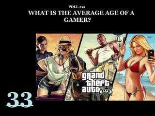 POLL #2:
WHAT IS THE AVERAGE AGE OF A
GAMER?
33
 