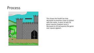 Process
This shows the health bar that
decreases as enemies come in contact
with the castle. It starts of with 10
green squares however once it
decreases to 10 red squares the game
over square appears.
 