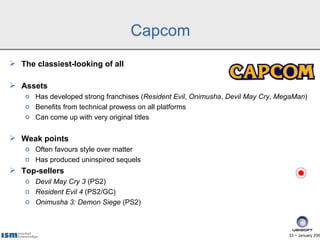 Capcom
 The classiest-looking of all

 Assets
    o Has developed strong franchises (Resident Evil, Onimusha, Devil May Cry, MegaMan)
    o Benefits from technical prowess on all platforms
    o Can come up with very original titles


 Weak points
    o Often favours style over matter
    o Has produced uninspired sequels
 Top-sellers
    o Devil May Cry 3 (PS2)
    o Resident Evil 4 (PS2/GC)
    o Onimusha 3: Demon Siege (PS2)



                                                                                 33 − January 200
 