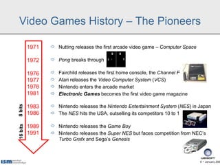 Video Games History – The Pioneers

          1971    Nutting releases the first arcade video game – Computer Space

          1972    Pong breaks through

          1976      Fairchild releases the first home console, the Channel F
          1977      Atari releases the Video Computer System (VCS)
          1978      Nintendo enters the arcade market
          1981      Electronic Games becomes the first video game magazine

          1983    Nintendo releases the Nintendo Entertainment System (NES) in Japan
8 bits




          1986    The NES hits the USA, outselling its competitors 10 to 1

          1989    Nintendo releases the Game Boy
16 bits




          1991    Nintendo releases the Super NES but faces competition from NEC’s
                   Turbo Grafx and Sega’s Genesis



                                                                                   6 − January 200
 