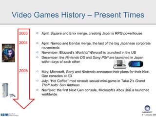 Video Games History – Present Times

 2003    April: Square and Enix merge, creating Japan’s RPG powerhouse

 2004    April: Namco and Bandai merge, the last of the big Japanese corporate
          movements
         November: Blizzard’s World of Warcraft is launched in the US
         December: the Nintendo DS and Sony PSP are launched in Japan
          within days of each other

 2005    May: Microsoft, Sony and Nintendo announce their plans for their Next
          Gen consoles at E3
         July: “Hot Coffee” mod reveals sexual mini-game in Take 2’s Grand
          Theft Auto: San Andreas
         Nov/Dec: the first Next Gen console, Microsoft’s Xbox 360 is launched
          worldwide




                                                                          9 − January 200
 