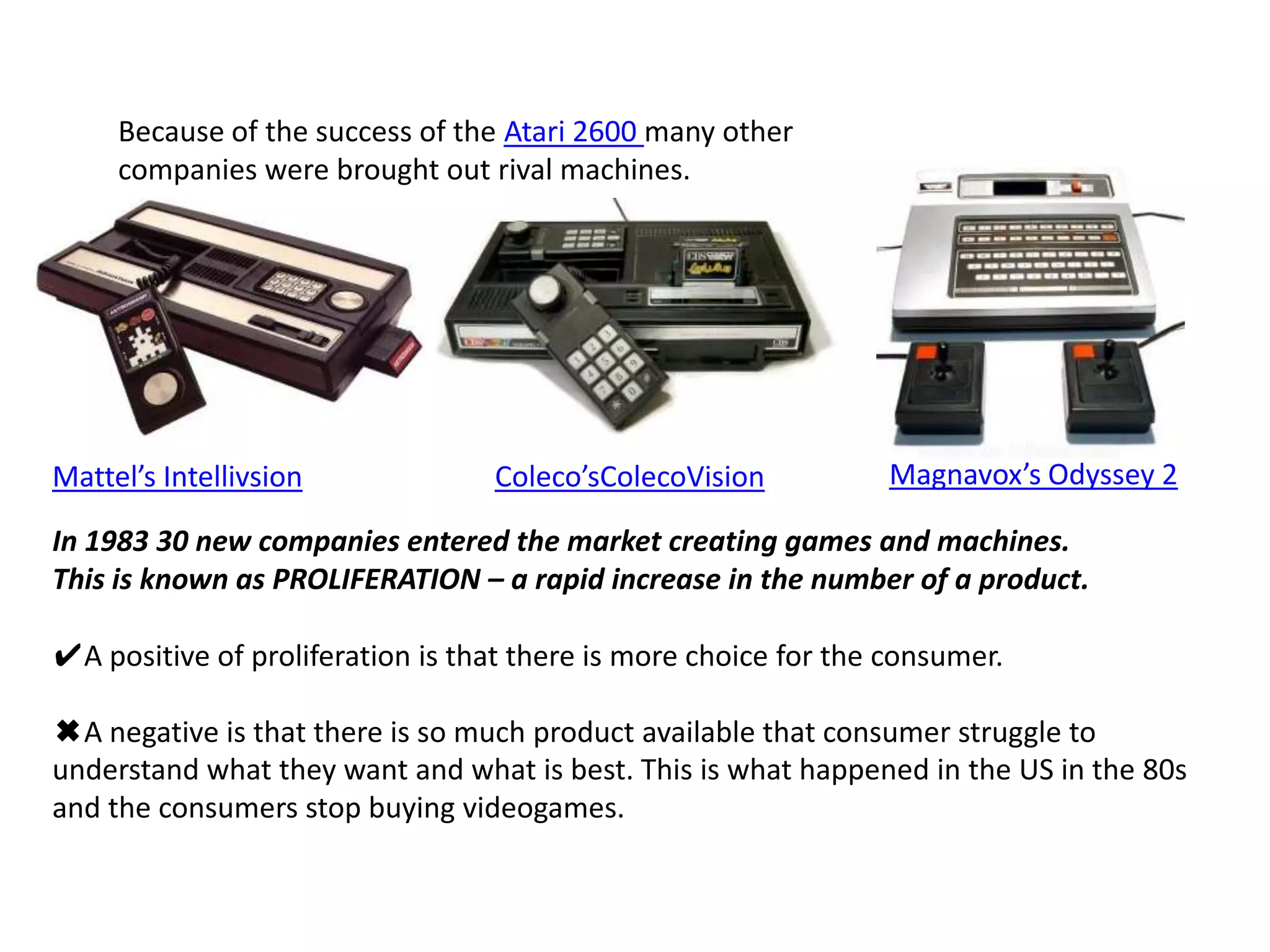 Because of the success of the Atari 2600 many other companies were brought out rival machines.Magnavox’s Odyssey 2Mattel’s IntellivsionColeco’sColecoVisionIn 1983 30 new companies entered the market creating games and machines.This is known as PROLIFERATION – a rapid increase in the number of a product.✔A positive of proliferation is that there is more choice for the consumer.✖A negative is that there is so much product available that consumer struggle to understand what they want and what is best. This is what happened in the US in the 80s and the consumers stop buying videogames. 