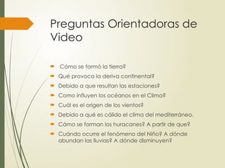 Preguntas Orientadoras de
Video
Cómo se formó la tierra?
Qué provoca la deriva continental?
Debido a que resultan las estaciones?
Como influyen los océanos en el Clima?
Cuál es el origen de los vientos?
Debido a qué es cálido el clima del mediterráneo.
Cámo se forman los huracanes? A partir de que?
Cuándo ocurre el fenómeno del Niño? A dónde
abundan las lluvias? A dónde disminuyen?