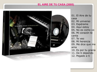 EL AIRE DE TU CASA (2005)



                       01. El Aire de tu
                       casa
                       02. Mi universo
                       03. Espérame
                       04. Aquí estoy
                       05. No es como yo
                       06. Mi corazón te
                       canta
                       07. Te veo
                       08. Mi herencia
                       09. Me dice que me
                       ama
                       10. Es por tu gracia
                       11. De ti dependo
                       12. Pegado a ti
 