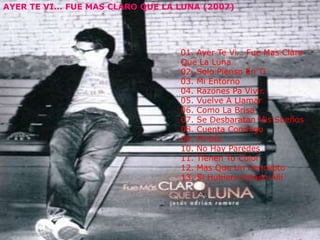 AYER TE VI... FUE MAS CLARO QUE QUE LA LUNA (2007)
 AYER TE VI... FUE MAS CLARO LA LUNA (2007)




                                      01. Ayer Te Vi… Fue Mas Claro
                                      Que La Luna
                                      02. Solo Pienso En Ti
                                      03. Mi Entorno
                                      04. Razones Pa Vivir.
                                      05. Vuelve A Llamar
                                      06. Como La Brisa
                                      07. Se Desbaratan Mis Sueños
                                      08. Cuenta Conmigo
                                      09. Mi Día
                                      10. No Hay Paredes
                                      11. Tienen Tu Color
                                      12. Mas Que Un Concepto
                                      13. Si Hubiera Estado Allí
 