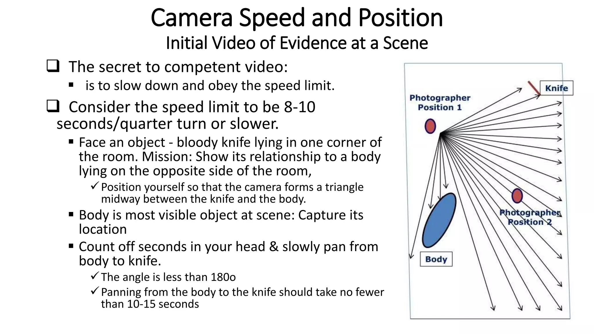 Camera Speed and Position
Initial Video of Evidence at a Scene
 The secret to competent video:
 is to slow down and obey the speed limit.
 Consider the speed limit to be 8-10
seconds/quarter turn or slower.
 Face an object - bloody knife lying in one corner of
the room. Mission: Show its relationship to a body
lying on the opposite side of the room,
Position yourself so that the camera forms a triangle
midway between the knife and the body.
 Body is most visible object at scene: Capture its
location
 Count off seconds in your head & slowly pan from
body to knife.
The angle is less than 180o
Panning from the body to the knife should take no fewer
than 10-15 seconds
 