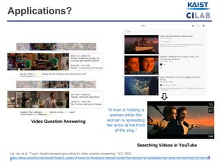 8
Applications?
Lei, Jie, et al. "Tvqa+: Spatio-temporal grounding for video question answering.“ ACL 2020
https://www.youtube.com/results?search_query=A+man+is+holding+a+woman+while+the+woman+is+spreading+her+arms+at+the+front+of+the+shi
p
Video Question Answering
Searching Videos in YouTube
“A man is holding a
woman while the
woman is spreading
her arms at the front
of the ship.”
 