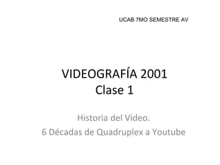 VIDEOGRAFÍA 2001 Clase 1 Historia del Video. 6 Décadas de Quadruplex a Youtube UCAB 7MO SEMESTRE AV 